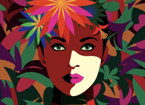 Portrait artistique d’une femme entourée de feuillages colorés, inspiré par les affiches the new yorker.