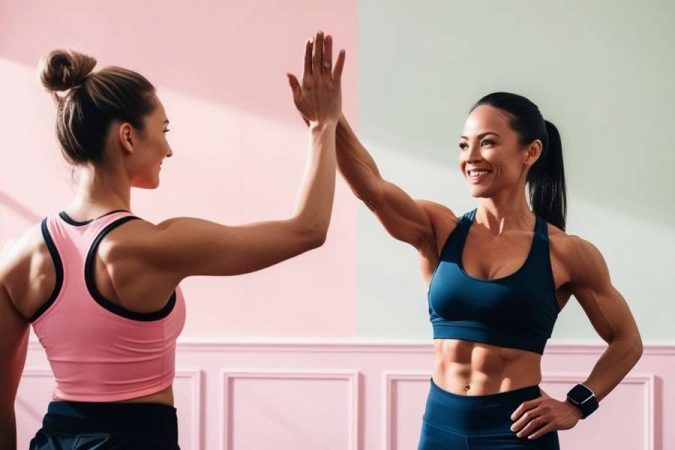 Deux femmes sportives se félicitent après un entraînement illustrant le lien entre sport et sommeil